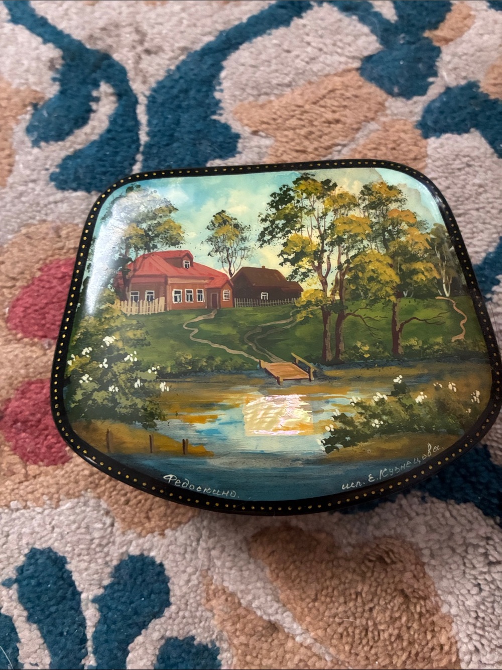 Hand-Painted Lacquer Box with Riverside Scene